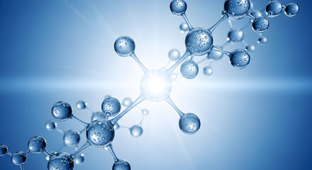 Molecular structure with atoms and bonds on blue background with light effect and reflections
