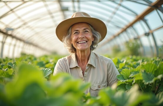 Happy mature woman farmer wearing hat stands in greenhouse. Smiling senior gardener inspects green plants. She works in agro business, happy with successful crop growth.
