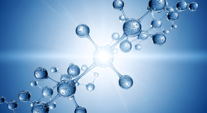 Molecular structure with atoms and bonds on blue background with light effect and reflections