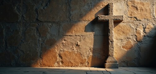 Stone cross stands against textured wall with dappled sunlight. Symbol of faith, hope, and spiritual contemplation, conveying religious themes and ancient resilience, offering solace and peace.