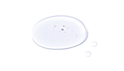 Close-up of a clear, viscous liquid droplet with smaller drops on a black background