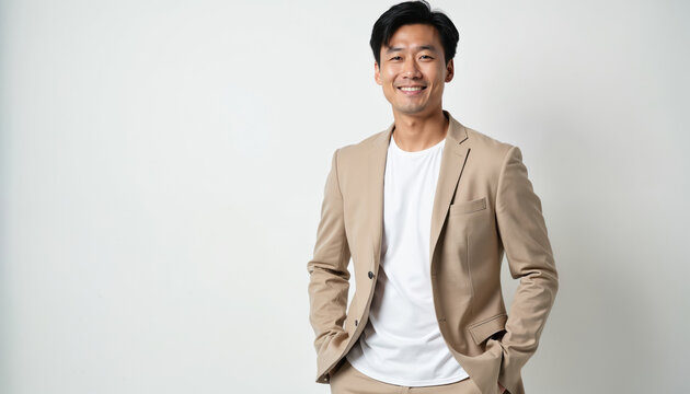 Pro Asian man smiles, wearing a beige suit jacket over a white t-shirt. He stands with hands in pockets against a plain white studio background. Confident look, modern style.