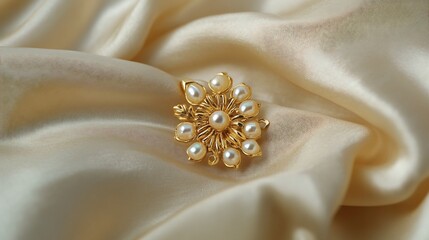 Traditional nose pin in a floral design crafted with small pearls and gold The piece is showcased on a soft satin cloth that enhances its detailed craftsmanship