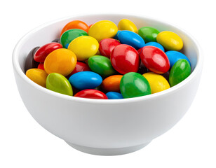 Vibrant candy coated chocolate pieces piled in a clean white bowl, isolated on transparent background.