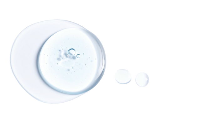 Close-up of transparent gel drops, bubbles, and circular forms on black background