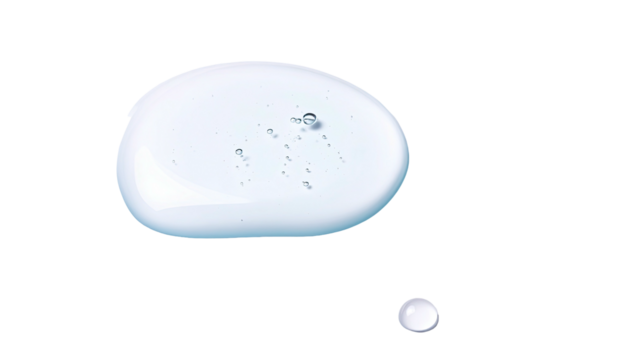 Droplets of a transparent liquid, small bubbles visible, against a stark black background