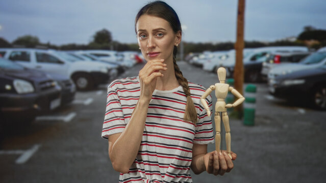 Woman holding a wooden mannequin in a parking lot with hand to mouth gesture, pensive expression; worry doubt. - Powered by Adobe