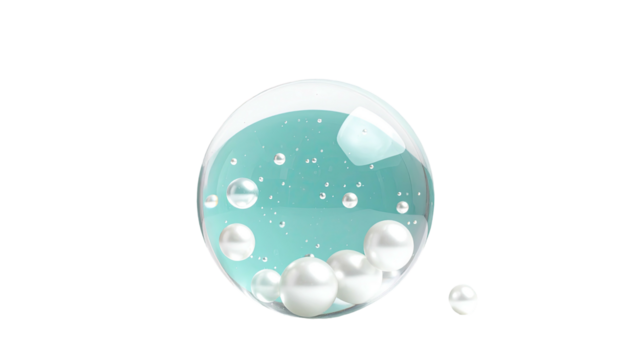 A glassy sphere encasing shimmering pearls and liquid with a soft teal hue, on a black background