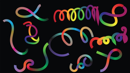 Colorful Abstract Curved Ribbons on Black Background – Vibrant Rainbow Gradient Lines and Artistic Swirls for Modern Design, Digital Art, and Creative Decoration.