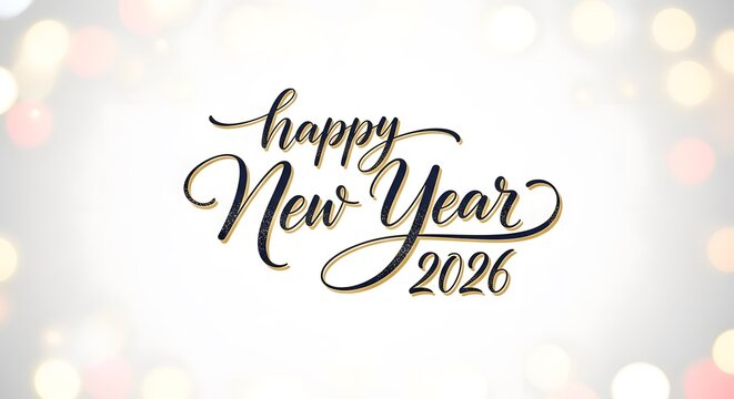 Happy new year 2026 script greeting over blurred lights background
