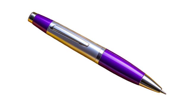 A stylish, isolated ballpoint pen with a purple barrel and silver accents on black background