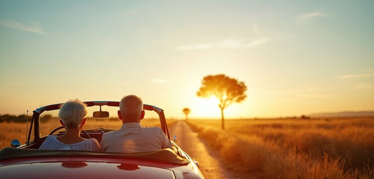 Elderly couple drives convertible car on country road at sunset. They enjoy golden hour light, freedom, and nature during their road trip adventure. Happiness in retirement together.