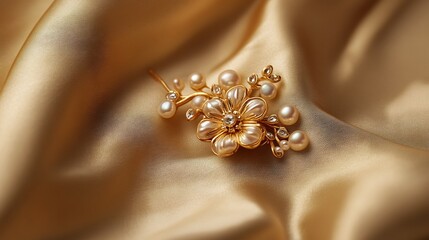 Traditional nose pin in a floral design crafted with small pearls and gold The piece is showcased on a soft satin cloth that enhances its detailed craftsmanship
