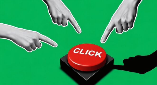 Hands Pointing at Red Click Button on Green Background  Choice with Decision, and Online.