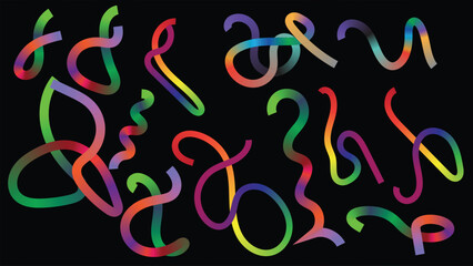 Vibrant Abstract Rainbow Ribbons on Black Background &ndash; Colorful Curved Lines, Swirls, and Wave Patterns for Modern Design, Poster, or Digital Art.