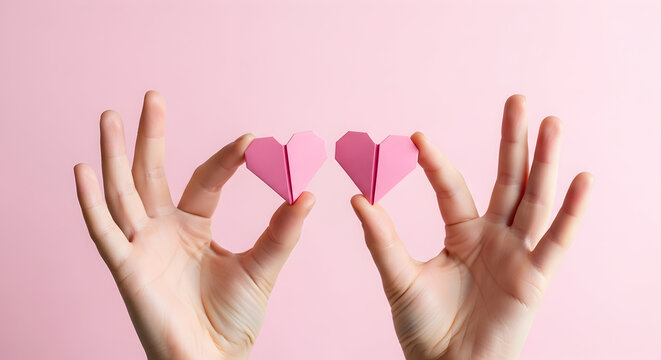 Close up of two hands holding pink paper hearts on a pink background, concept of love