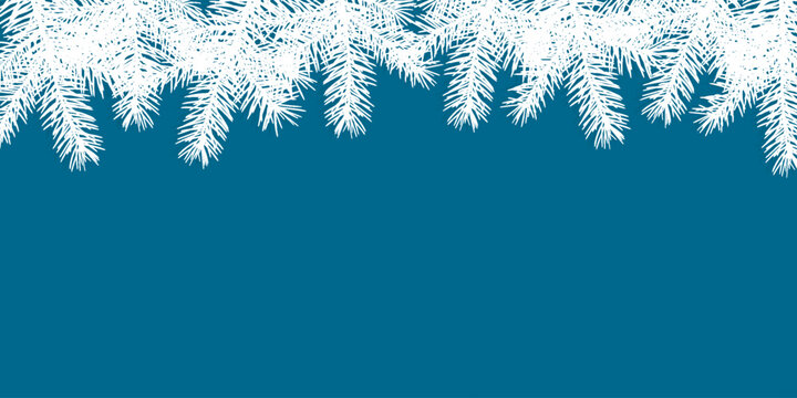 Elegant vector greeting card Flat design featuring blue background and white pine branches border. Perfect for holiday cards, invitations, or adding custom text and festive graphics. Copy space.
