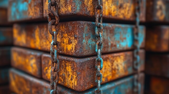 Rusty metal blocks chained together. - Powered by Adobe