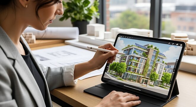 Architectural Designer Using Digital Tablet with Modern Building Design in Bright Office