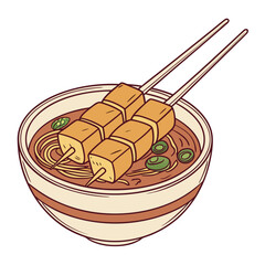 Korean Odeng skewers in bowl with brown soup and garnish vector