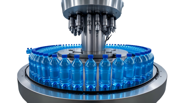 Automated machine filling rows of plastic water bottles with a clear liquid