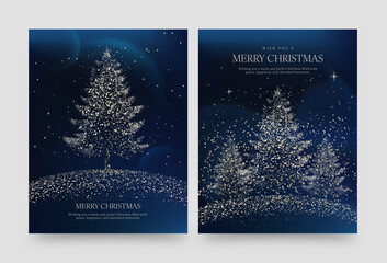 Elegant Christmas Tree Card Flyer Poster  Set with Luxury Sparkling Snow and Night Sky Background with Gold Accents