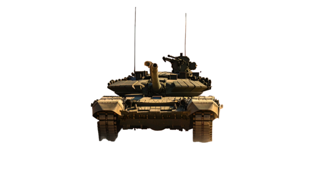 Front view of a desert-camouflaged armored fighting vehicle, isolated on black