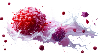 Medical rendering of cancer cells bursting out of a fluid splash, on black backdrop