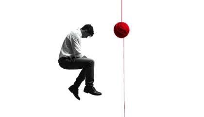 A silhouetted figure sits, despondent, near a basketball on a red line against black