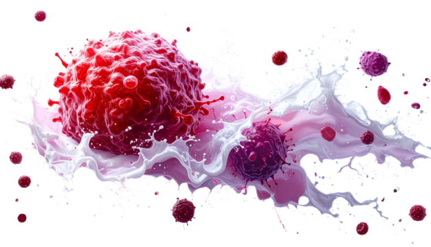 Medical rendering of cancer cells bursting out of a fluid splash, on black backdrop