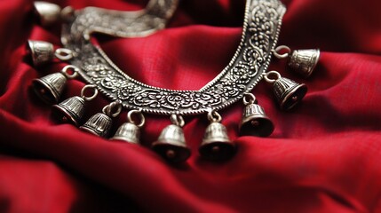 Traditional silver anklet with intricate etchings and small bells set against a silk fabric capturing the artistry of ethnic jewelry and the elegance of traditional fashion