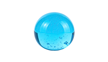 A clear orb, transparent, with a blue liquid partially filling it, set against a black background