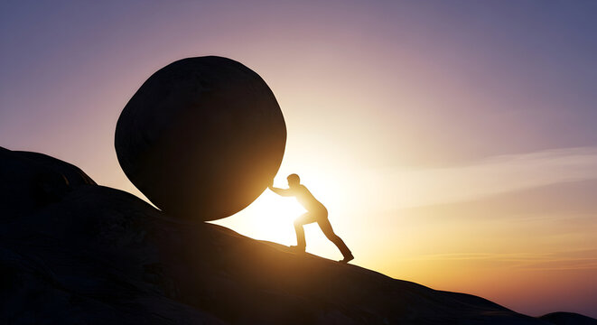 Silhouette of a man pushing a large boulder up a hill against a vibrant sunset sky background
