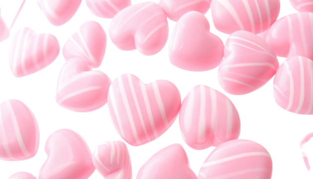 Pink, heart-shaped candies with white stripes scattered against a black background