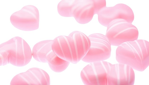 Pink, heart-shaped candies with white stripes float against a transparent background, blurred - Powered by Adobe