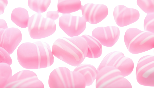 Soft pink heart candies, striped in white, floating against a solid black background