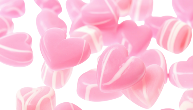 Pink heart-shaped candies with a glossy, polished texture against a black background