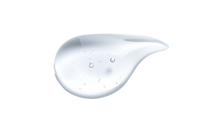 Isolated close-up of a clear gel droplet, glossy and reflective on a stark black background