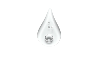 A translucent, glistening droplet containing small bubbles floats on a black backdrop