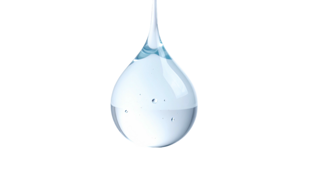 A single, pristine droplet of clear water against a stark black background