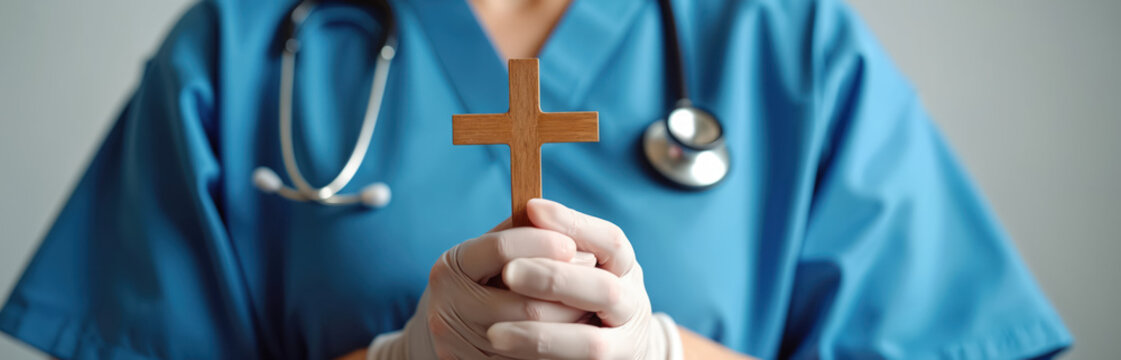 Female doctor prays with wooden cross. Nurse holds crucifix. Christian medic shows faith belief. Medical worker seeks guidance, blessing in prayer. Woman hopes for healing patients.