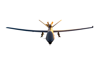 A drone silhouetted against a golden-lit sky, seen head-on with rotors spinning