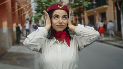 Flight attendant woman in uniform with closed eyes covers ears while standing on outdoor street...