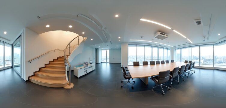 360 panorama presents bright modern office interior. Room features conference table with chairs panoramic windows stairs. Architectural design large room perfect for business meetings commercial