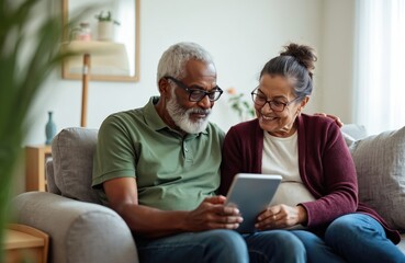 Elderly African American couple smiles using tablet computer together on sofa at home. Share moment of connection, engagement with digital technology, showing affection, happiness. Bond evident as