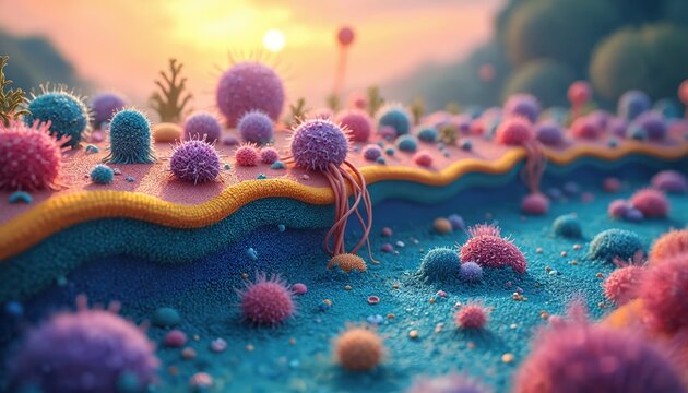 Abstract biology image shows colorful cells, microbes on textured surface. One cell extends tentacles into another layer. Visual cell membrane transport mechanism, how various microorganisms