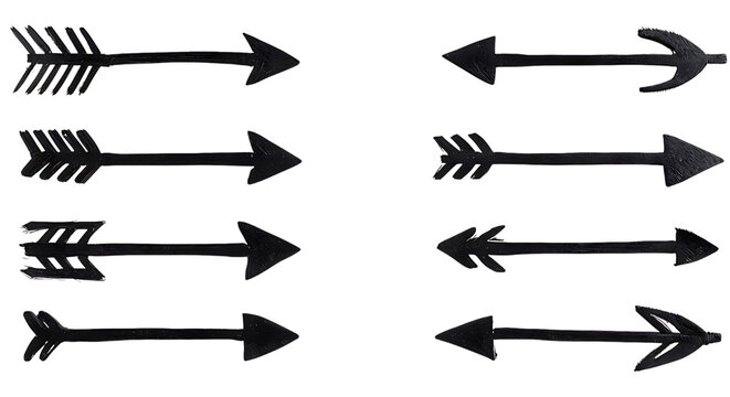 Set of eight hand drawn arrows isolated on transparent background for decoration