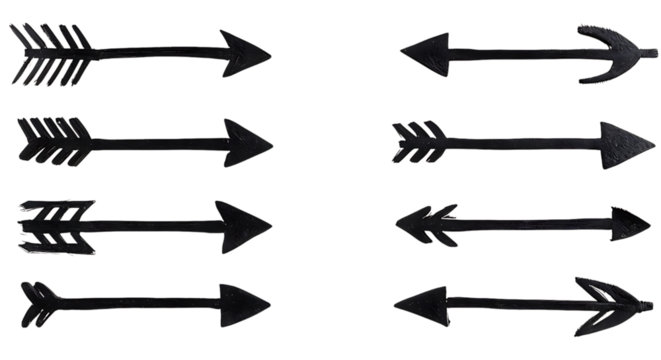 Set of eight hand drawn arrows isolated on transparent background for decoration