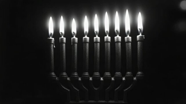 A lit candle is in the middle of a black background. There are six other candles in the background