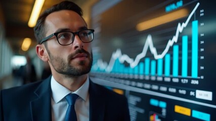 Professional in formal attire looking at digital financial chart with rising trend line. Modern office setting with blue glowing data visualization showing market growth and analytics. - Powered by Adobe
